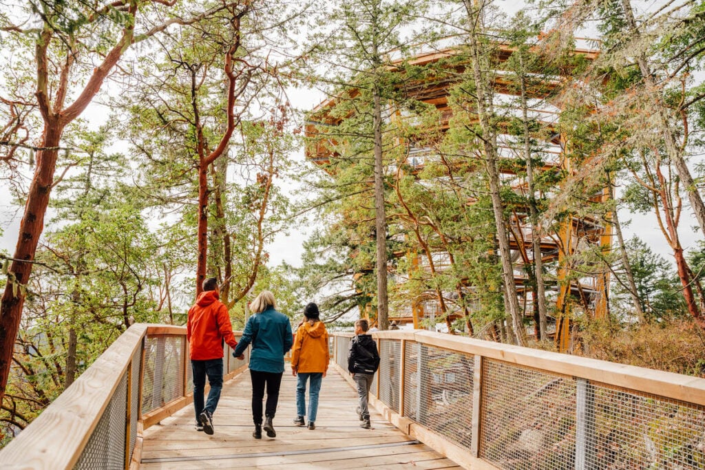 A family walks along a wooden ramp through the trees at the Malahat Skywalk
