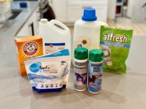 A group of detergents and other products to help get the smell out of hiking clothes