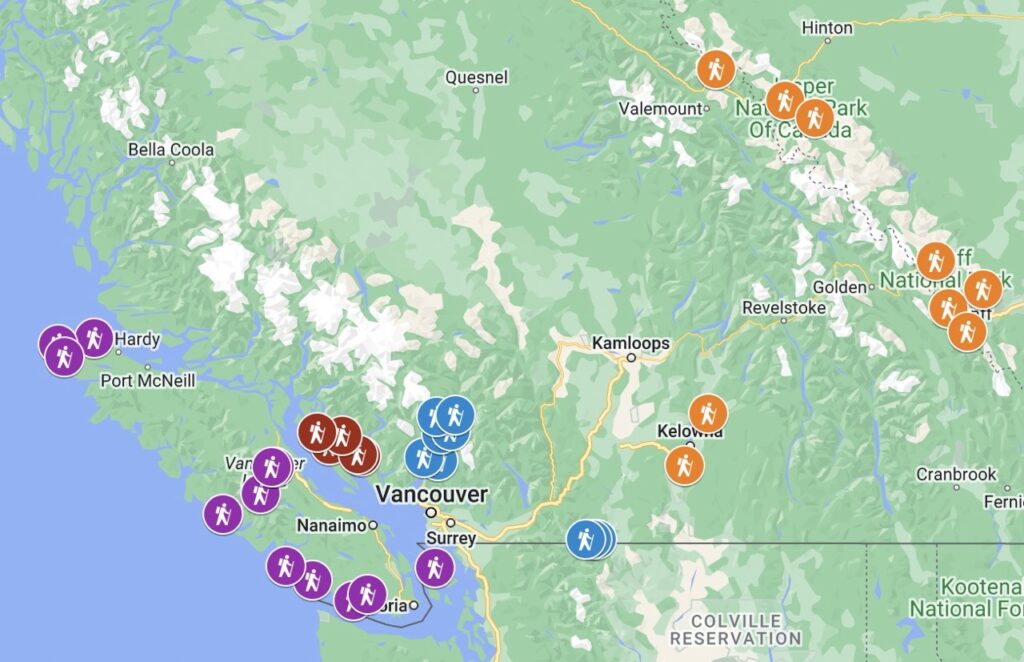 Map of places to go backpacking in BC without a car