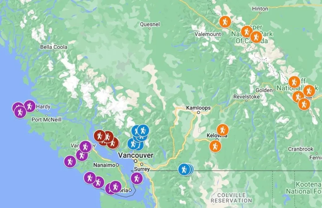 Map of places to go backpacking in BC without a car
