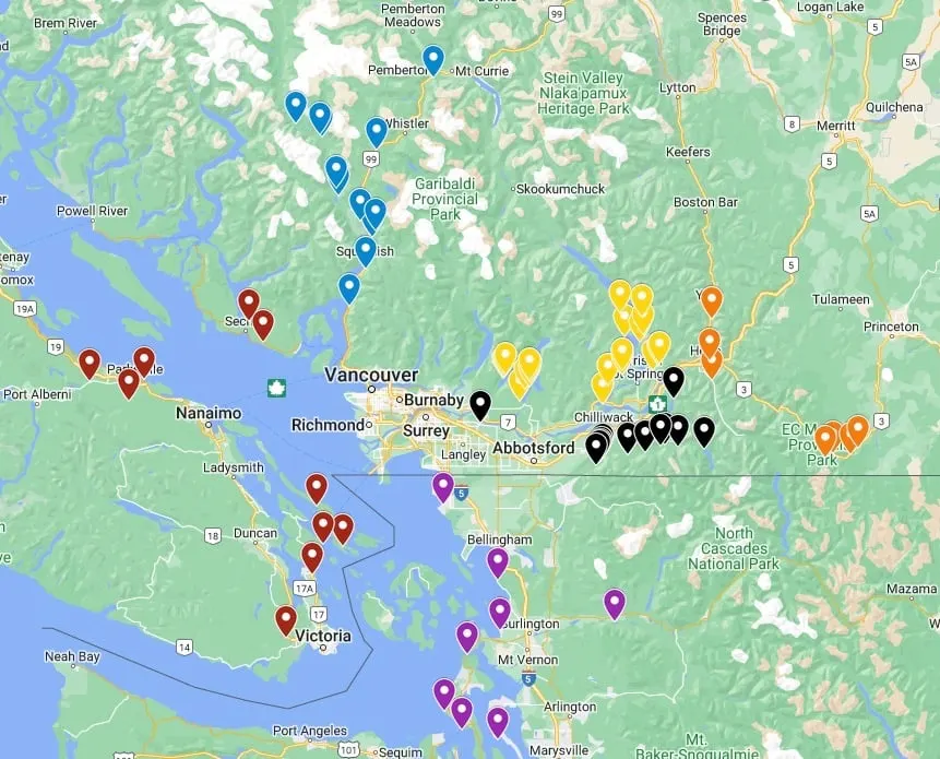 Map of the best places to go camping near Vancouver