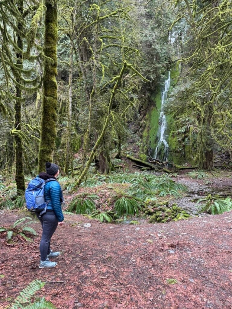 A hiker in front of a waterfall at Goldstream Provincial Park