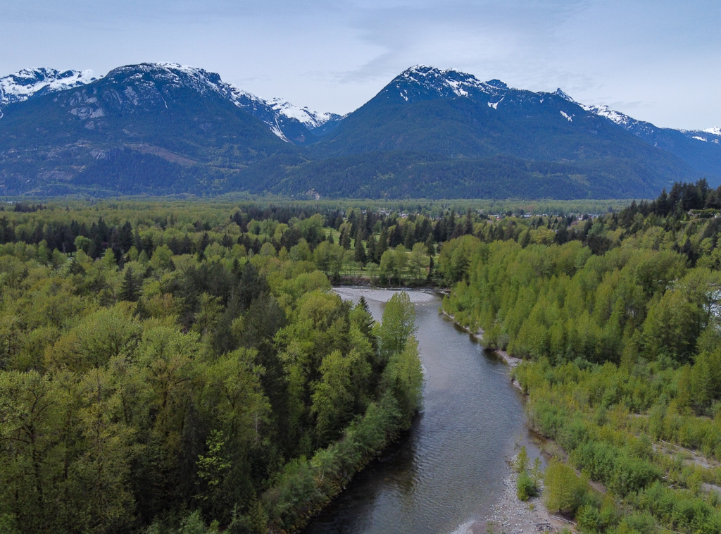An aerial view from of the Mamquam River near the Mamquam River Campground in Squamish