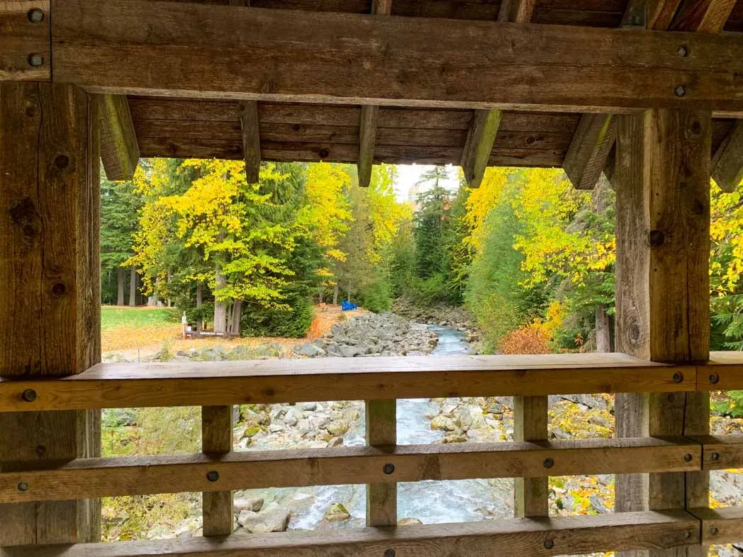 The view from the covered bridge at Rebagliati Park in Whistler
