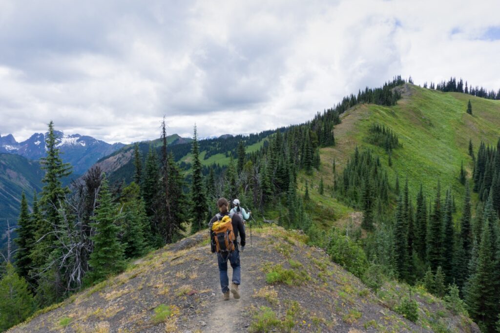 Hikers walk along a ridge on the Skyline Trail in Manning Provincial Park