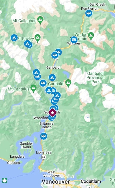 map of camping near Squamish