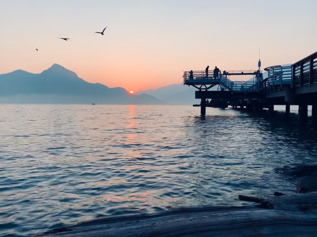 The pier at Porteau Cove at sunset.