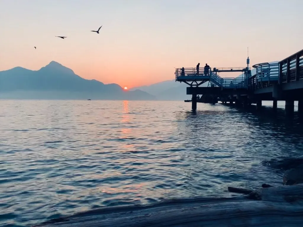 The pier at Porteau Cove at sunset.