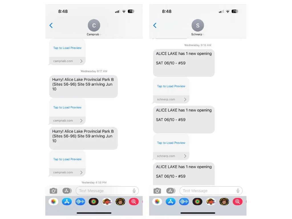 Text notifications from Campnab and Schnerp camping cancellation apps