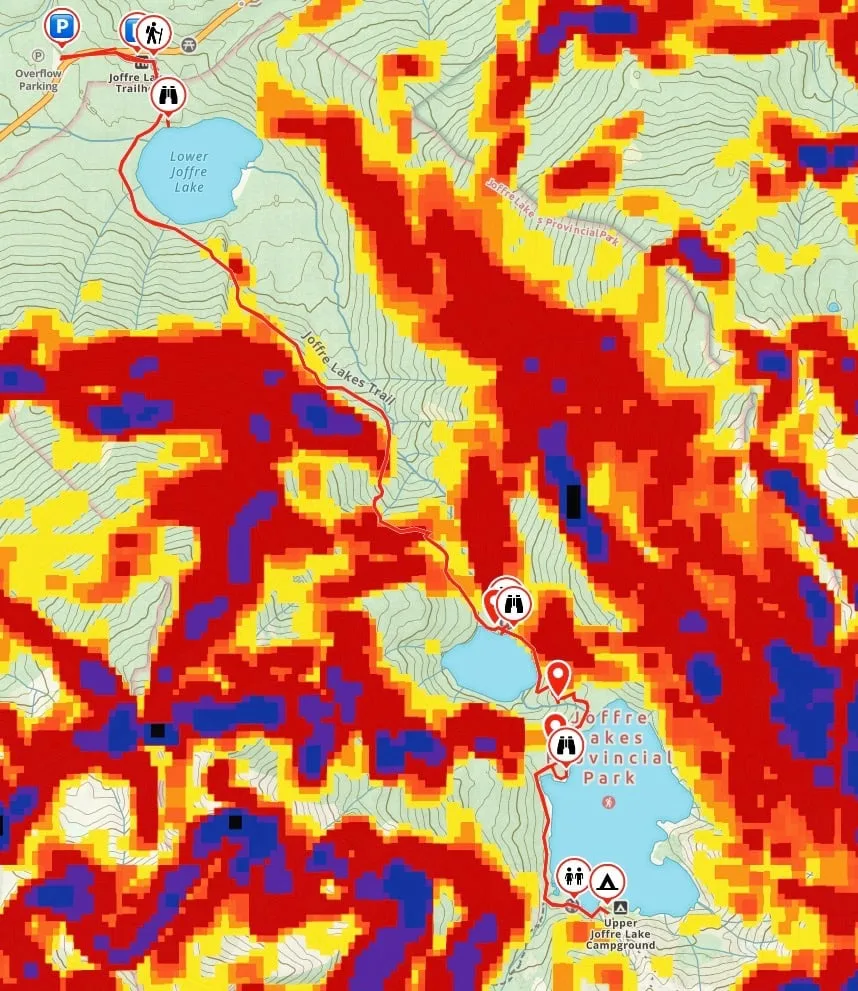 Screen shot from Gaia GPS showing the slope angle at Joffre Lakes