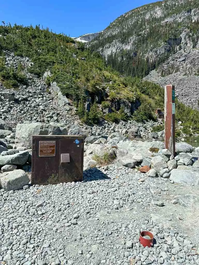 A metal food locker at a backcountry campground