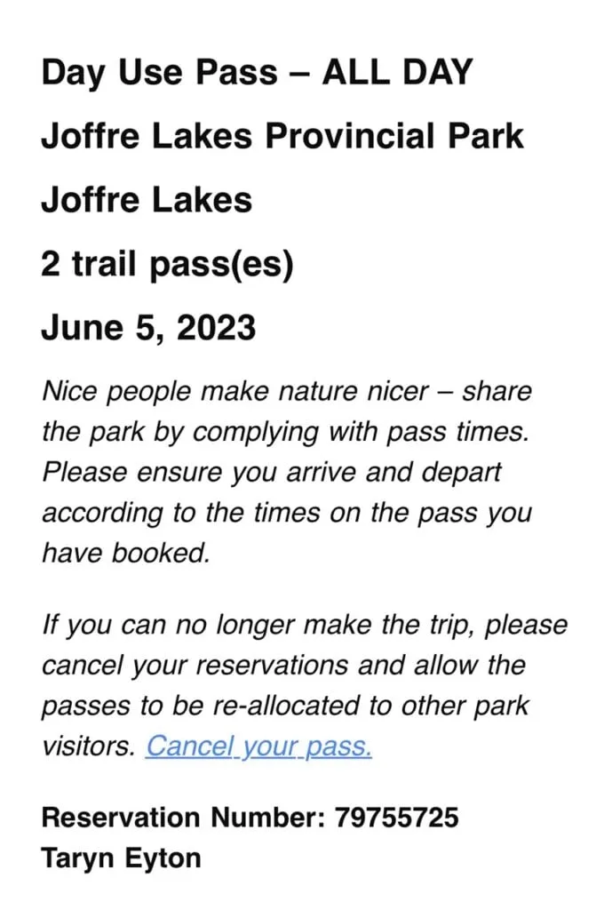 A screenshot of a day pass for Joffre Lakes Trail