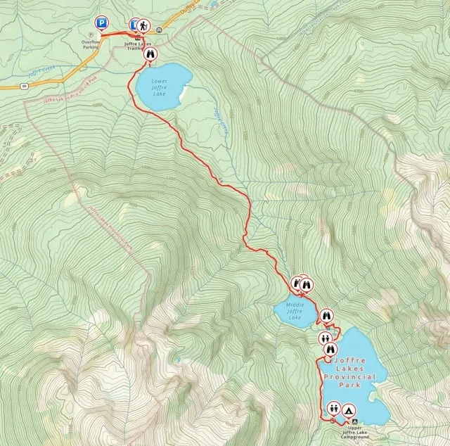 Trail map for Joffre Lakes hike