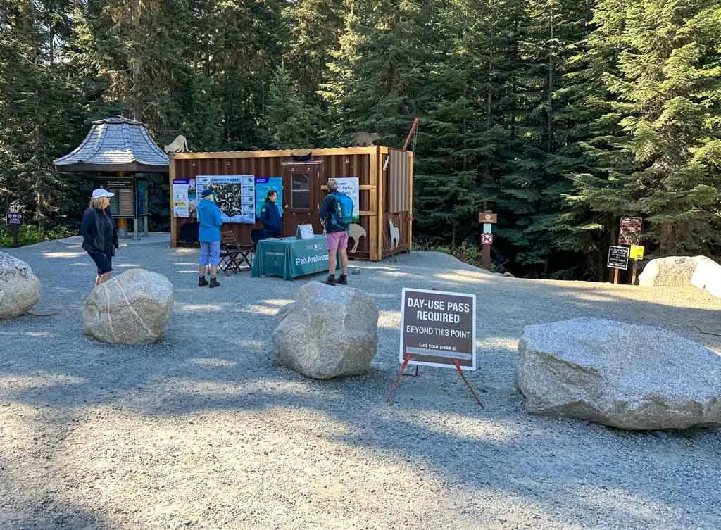 BC Parks staff check day passes at the start of the Joffre Lakes Trail