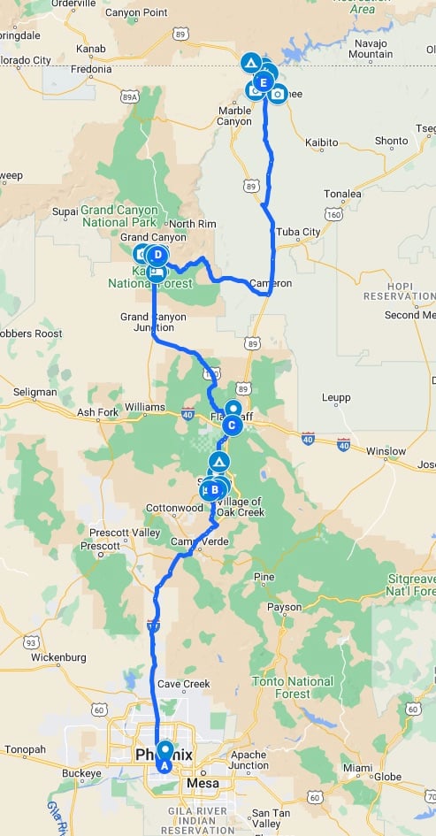 Arizona Road trip map