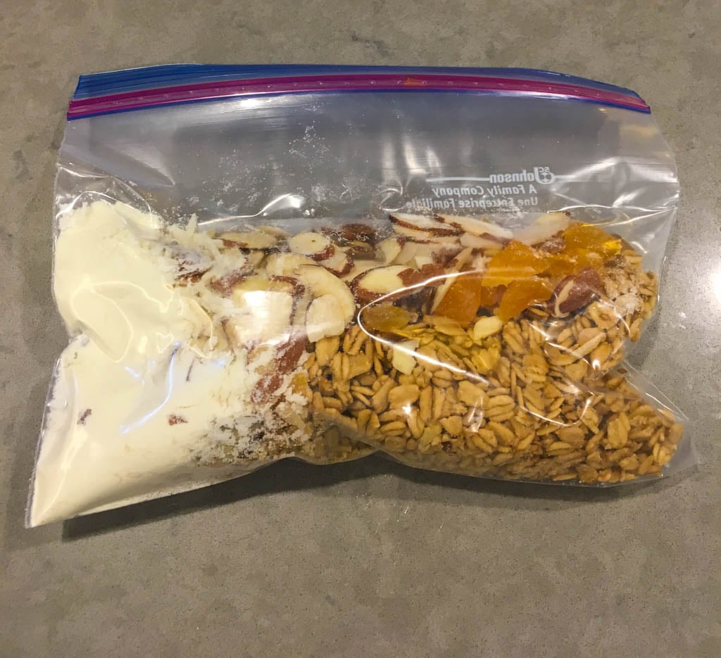 Backpacking granola and milk in a ziploc bag