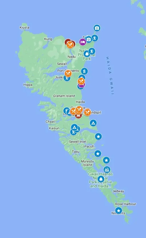 Map of Haida Gwaii showing towns, ferry terminals, and things to do