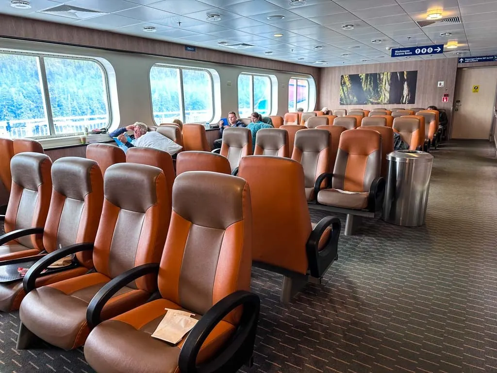 Forward facing seats on deck 5 on the ferry to Prince Rupert