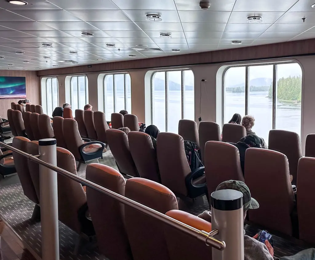 Sideways facing seats on deck 5 on the ferry to Prince Rupert