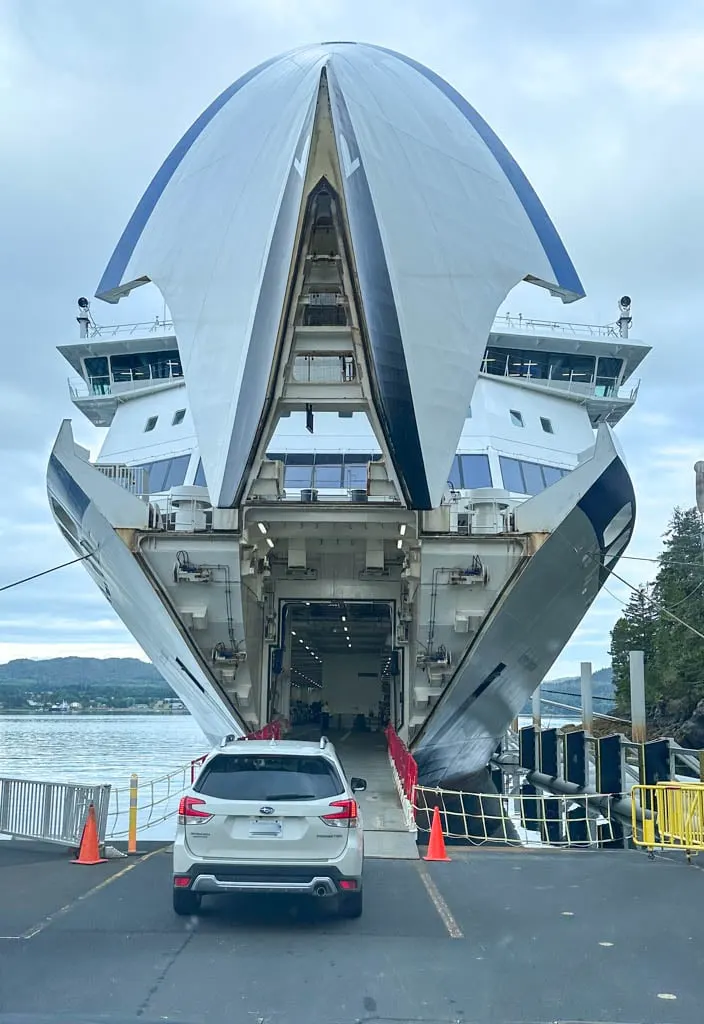 Vehicles driving on to the Northern Expedition ferry at Port Hardy on the Inside Passage route 