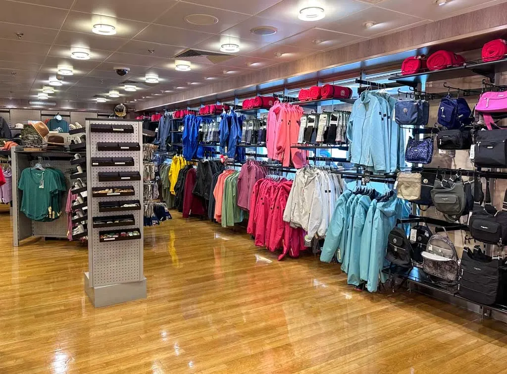 Clothing and other souvenirs for sale in the Passages Gift Shop on the Northern Expedition ferry