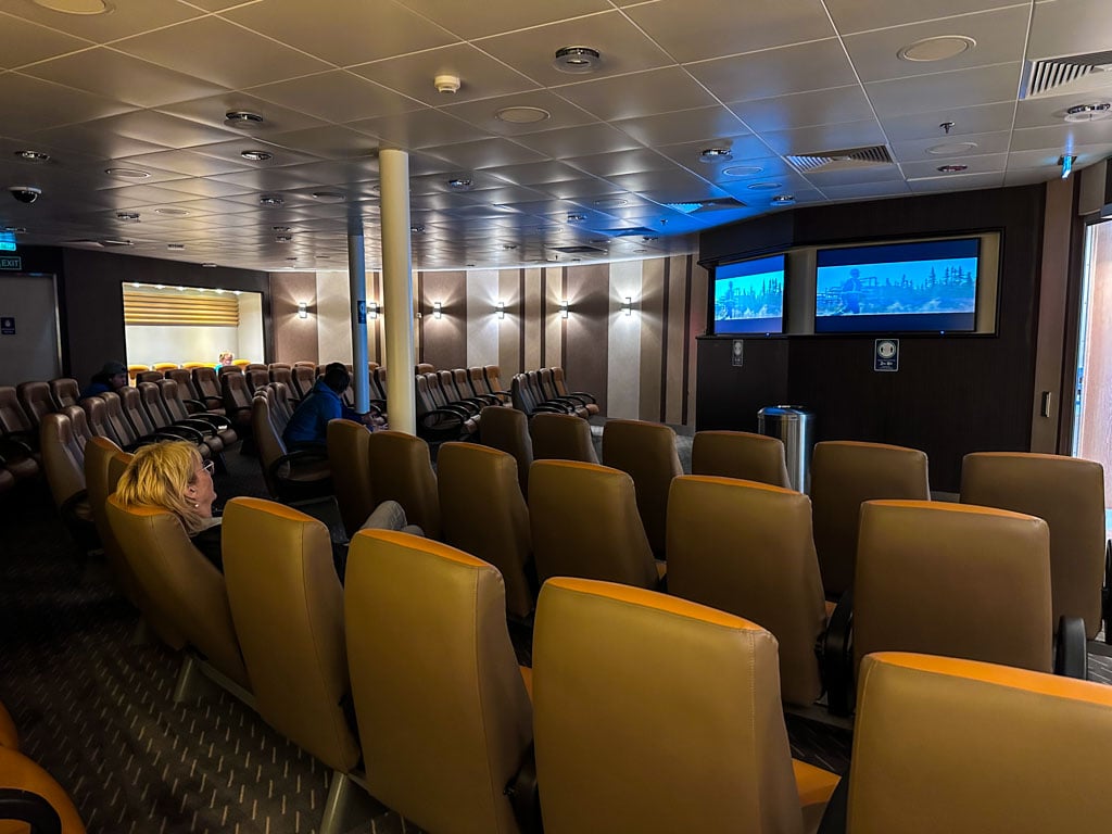 The interior of the Raven Lounge where  you can watch a movie on board the Inside Passage ferry