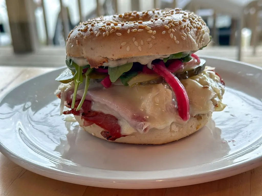 Pastrami bagel sandwich at Jag's Coffee in Skidegate, BC