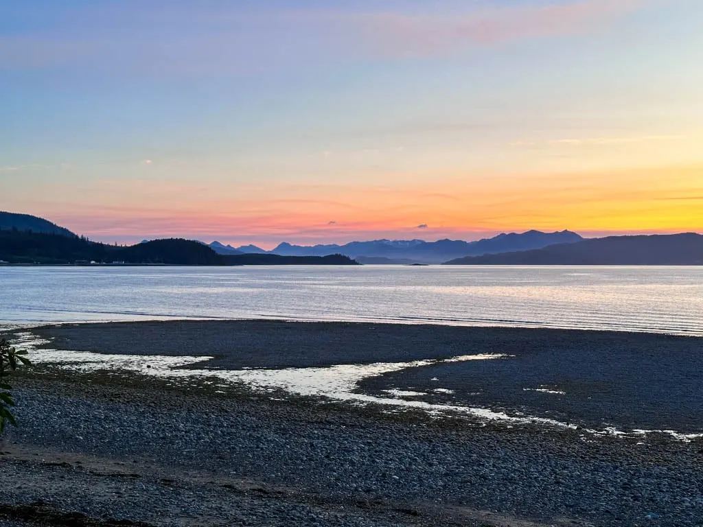 Sunset view from the patio of the Seaport B&B in Sandspit, BC