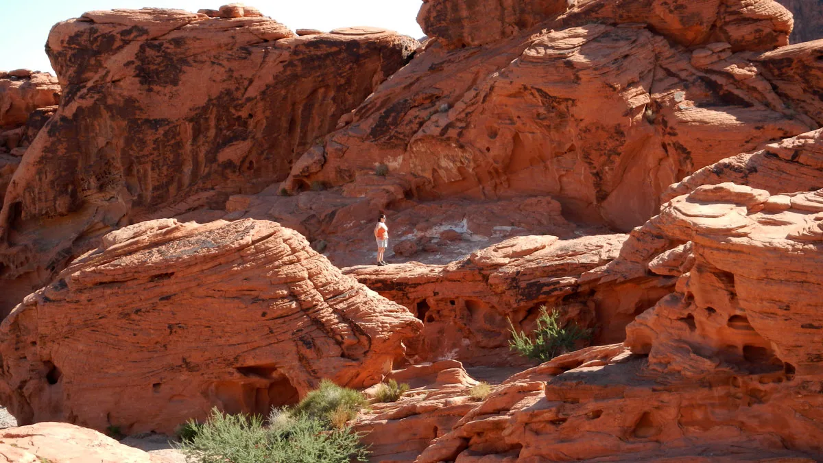 A hiker poses with red rock formations in Valley of Fire State Park near Las Vegas
