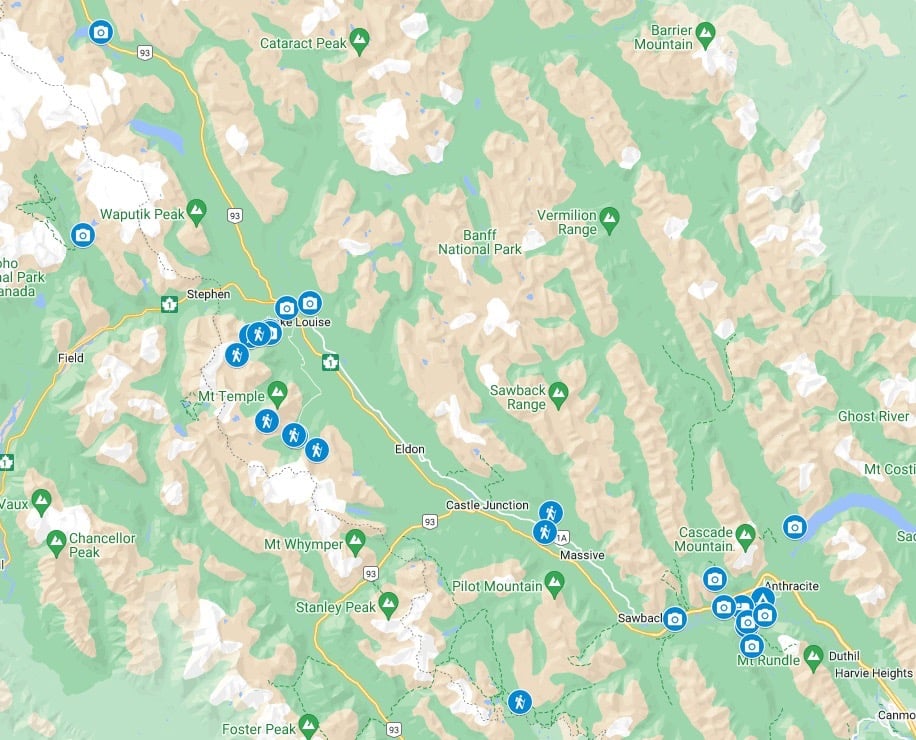 A custom google map showing the locations of places to visit in Banff in the Fall 