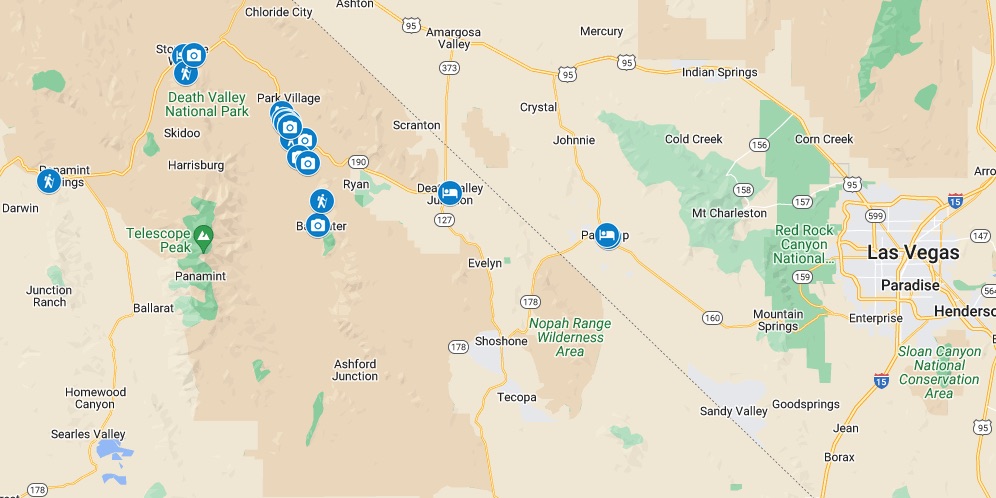 Google map showing attractions in Death Valley National Park