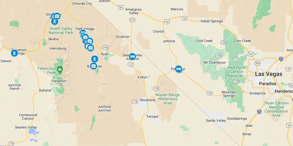 Google map showing attractions in Death Valley National Park