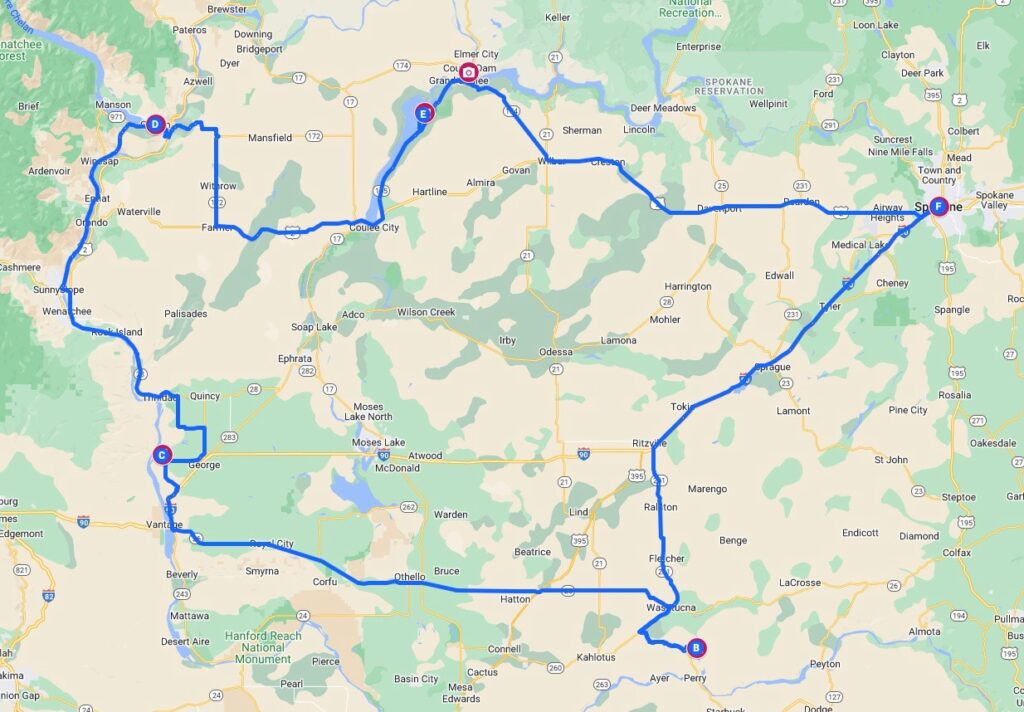 Google map for an Eastern Washington Road Trip