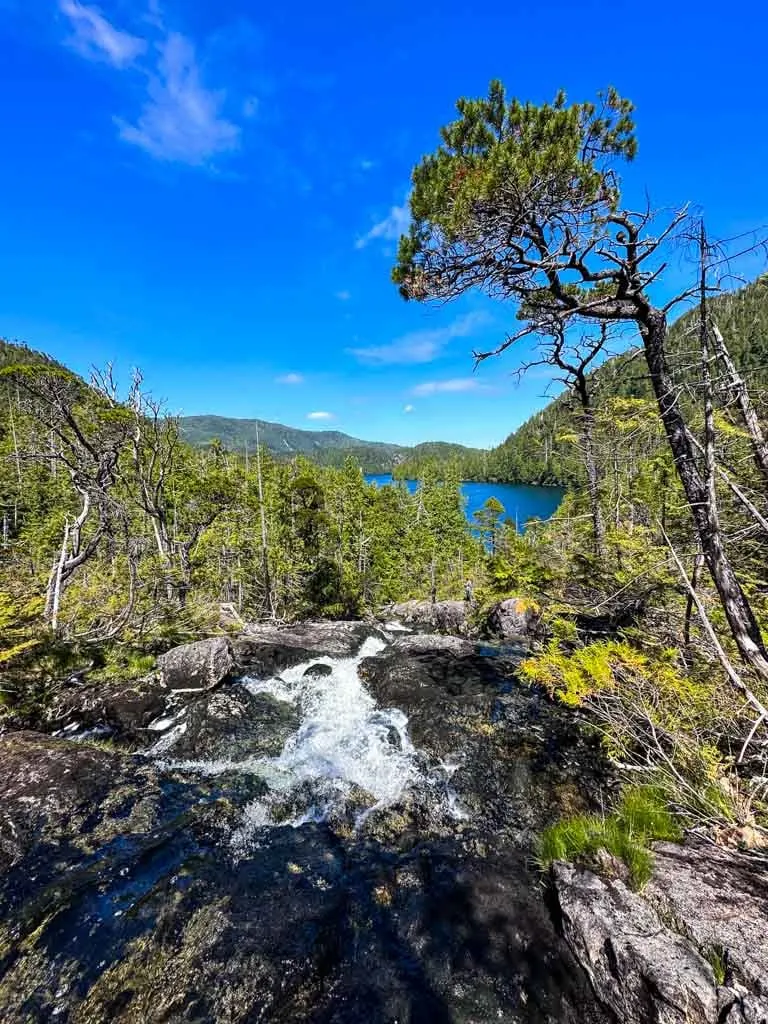 View from the top of a waterfall in a remote part of Haida Gwaii