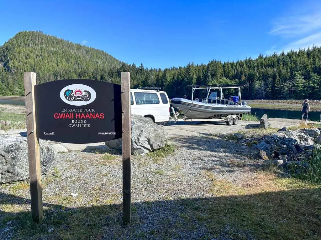 Launching a boat at Moresby Camp en route to Gwaii Haanas National Park