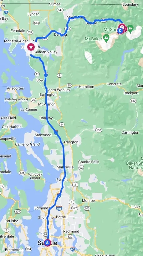 Google Map of the Mount Baker Highway road trip