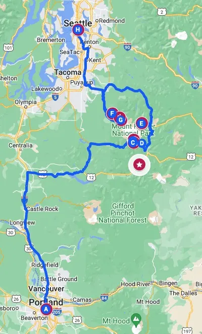 Google Map for a Mount Rainier road trip from Seattle or Portland