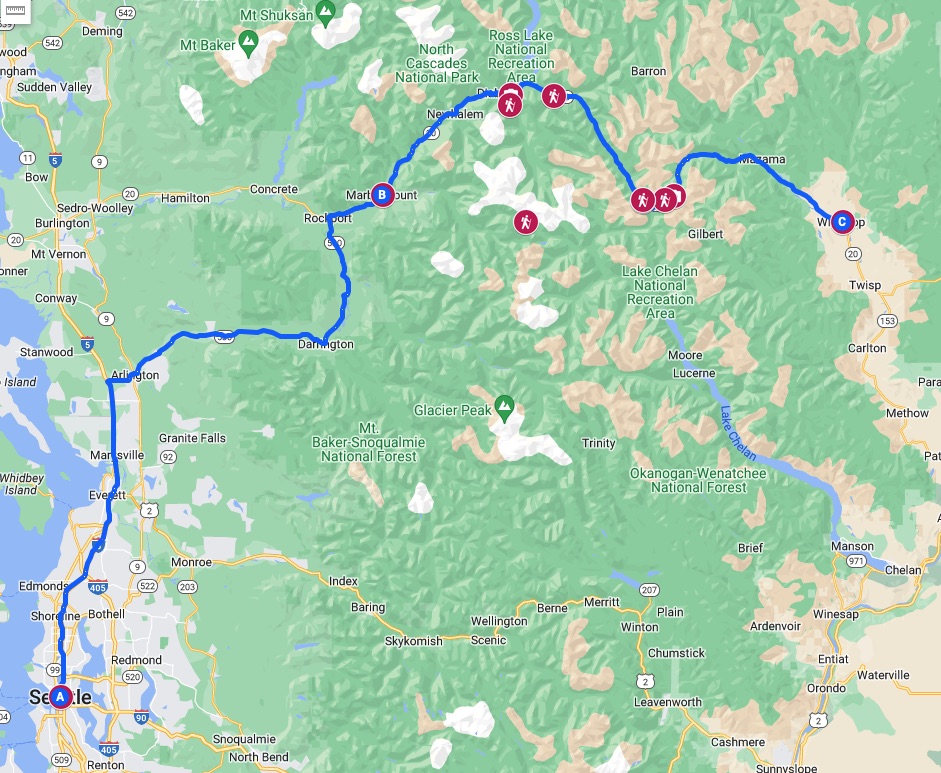 Google Map of a road trip on North Cascades Highway