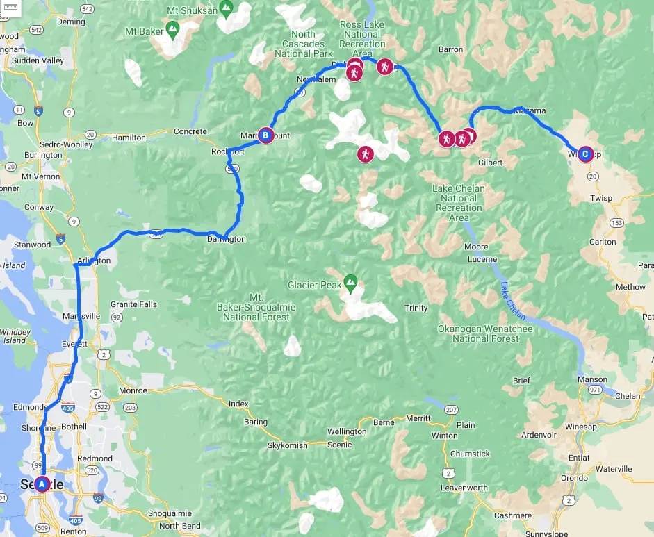 Google Map of a road trip on North Cascades Highway