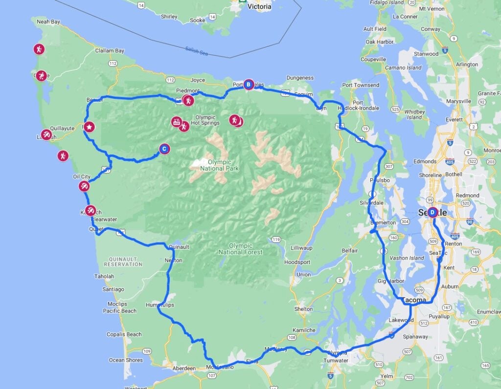 Map for an Olympic Peninsula road trip in Washington State