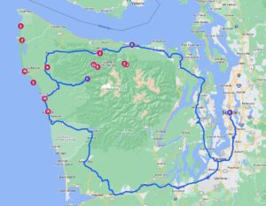 Map for an Olympic Peninsula road trip in Washington State