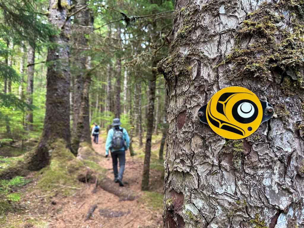 A trail marker with a Haida design