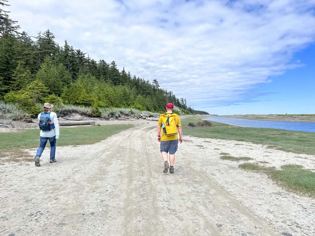 Two hikers walk along a sandy road next to the Tlell River