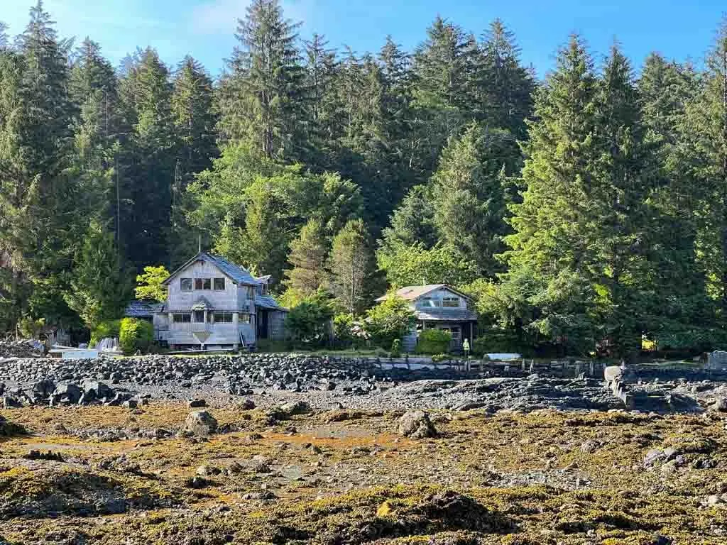 Buildings at Rose Harbour at low tide