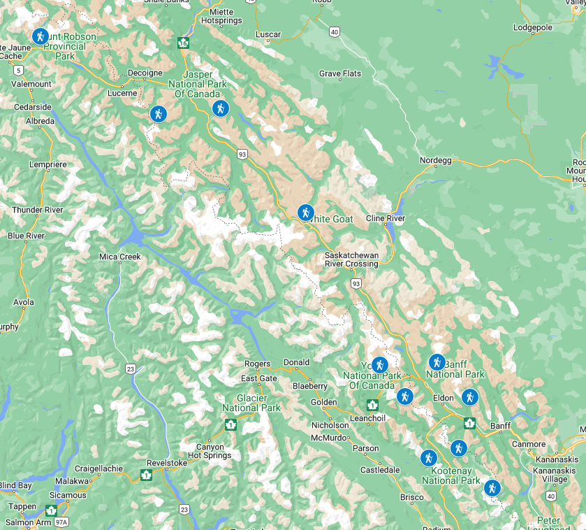 Google Map showing the locations of the best backpacking trips in the Canadian Rockies