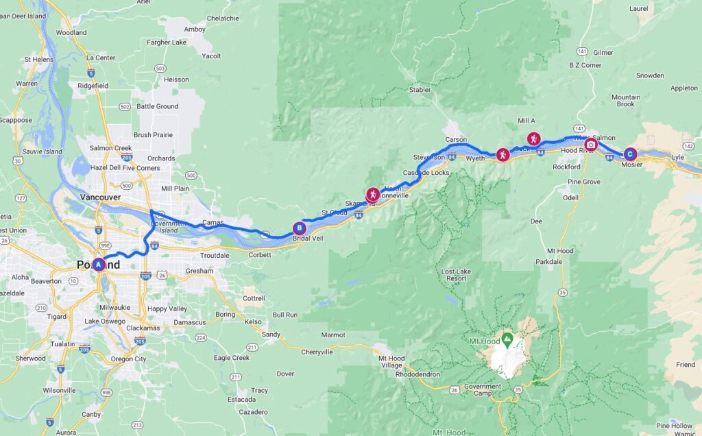 Google Map of Columbia River Gorge Road Trip in Washington