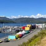 Colourful buildings at the harbour in Prince Rupert. Exploring Cow Bay is one of the best things to do in Prince Rupert.
