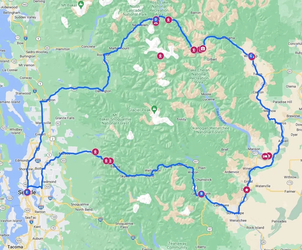 Google Map of the Highway 2 and North Cascades Highway Road Trip - one of the best Washington road trips