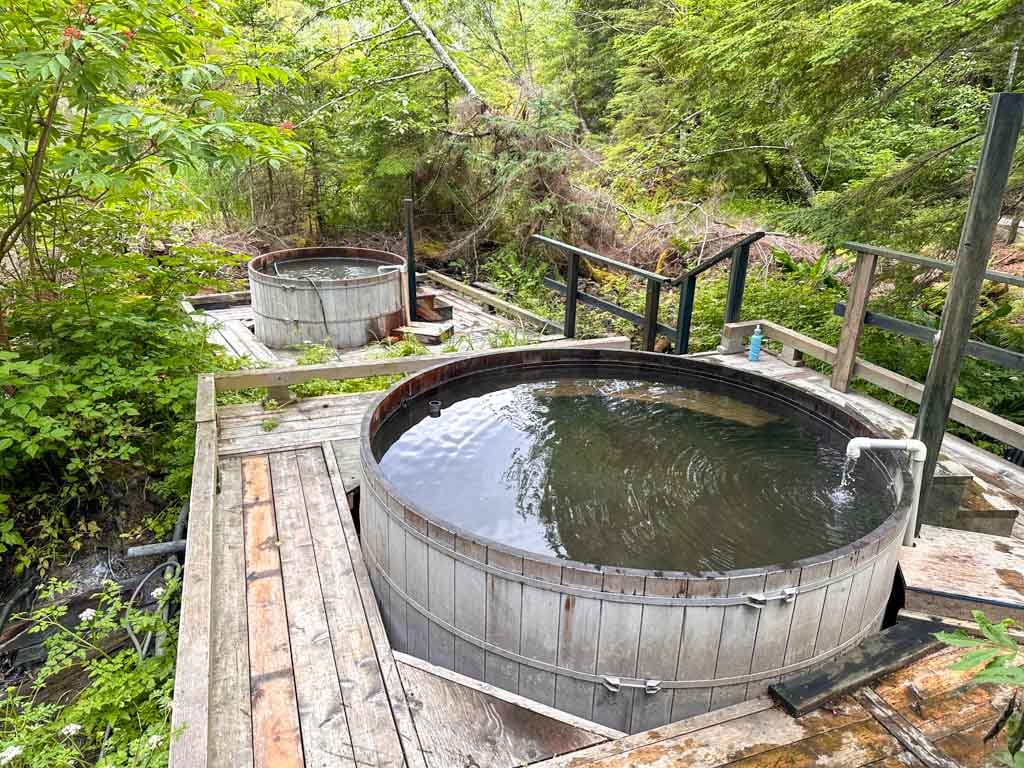 Two wooden tubs at the Higu Isgwit Hot Springs in the Nass Valley