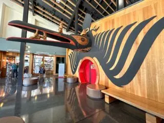 Carved house front inside the Nisga'a Museum in the Nass Valley